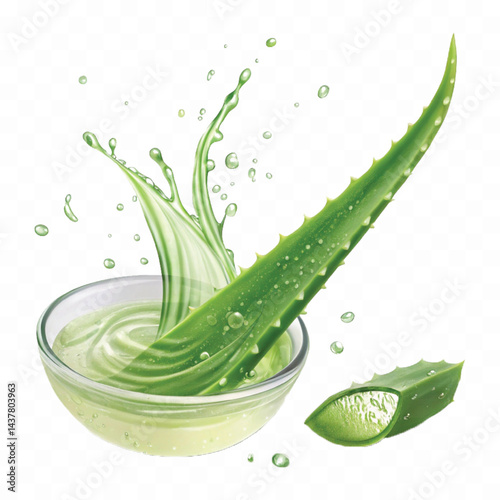 realistic fresh aloe vera leaves splashing in aloe vera juice isolated transparent background