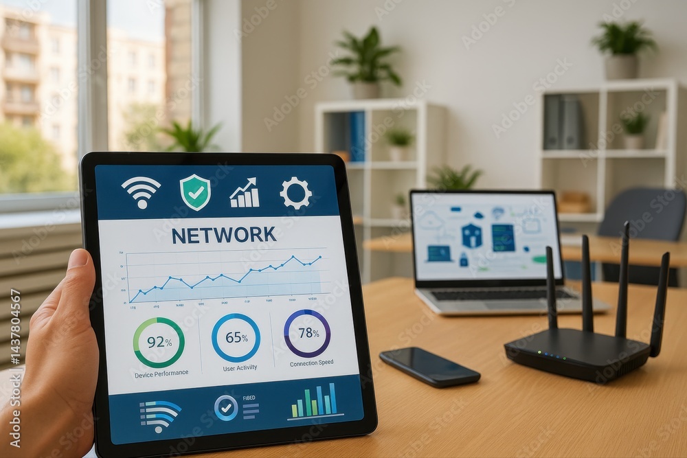  Modern Office with Tablet Displaying Network Performance and Wi-Fi Router Setup