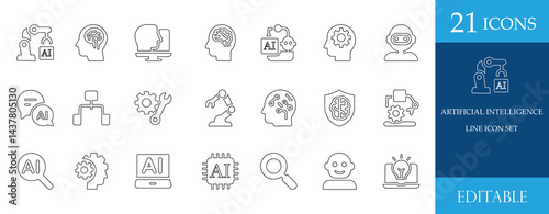 A modern line icon set featuring Artificial Intelligence, Machine Learning, Robotics, and AI Technology concepts. Perfect for tech, innovation, and futuristic design projects