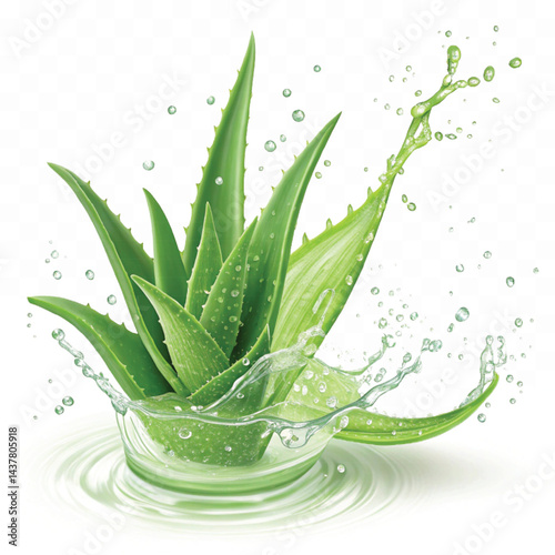 realistic fresh aloe vera leaves splashing in aloe vera juice isolated transparent background