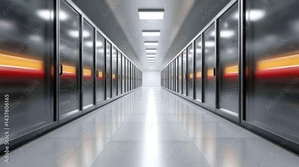 Fototapeta premium Endless symmetry, a journey through long corridor with many doors and captivating perspective
