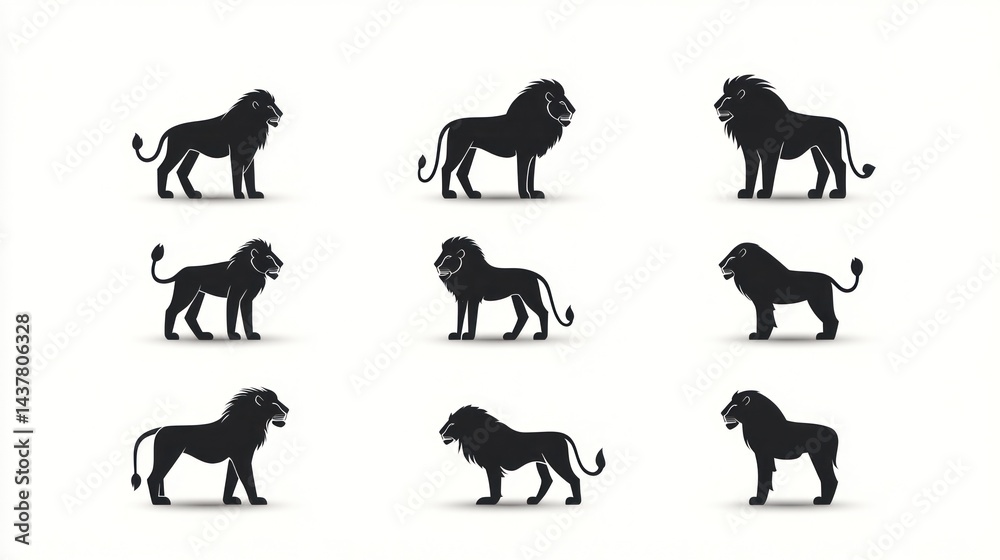 Obraz premium Nine lion silhouettes, profile view, white background, graphic design