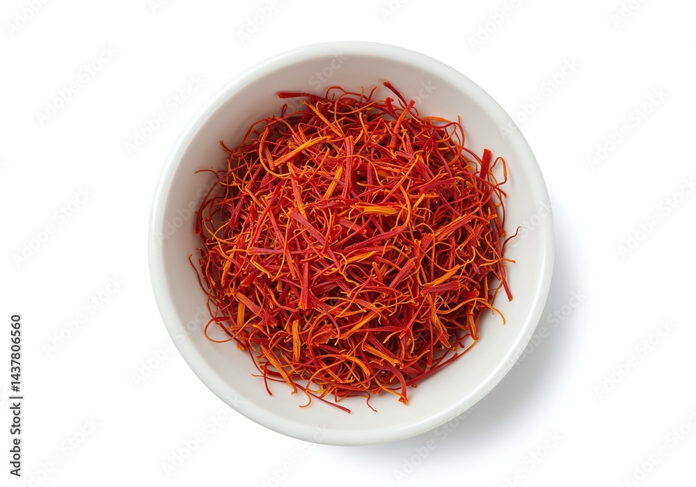Saffron threads in white bowl isolated on white background Saffron threads in white bowl isolated on white background