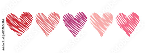 Pink and red scribble pen hatching hearts love icon. Romantic decorative elements. Symbol love, friendship or care, hand drawn doodle hearts set