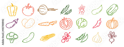 Vegetables icons chalk hand drawn doodle set. Drawing crayon vegetables 
