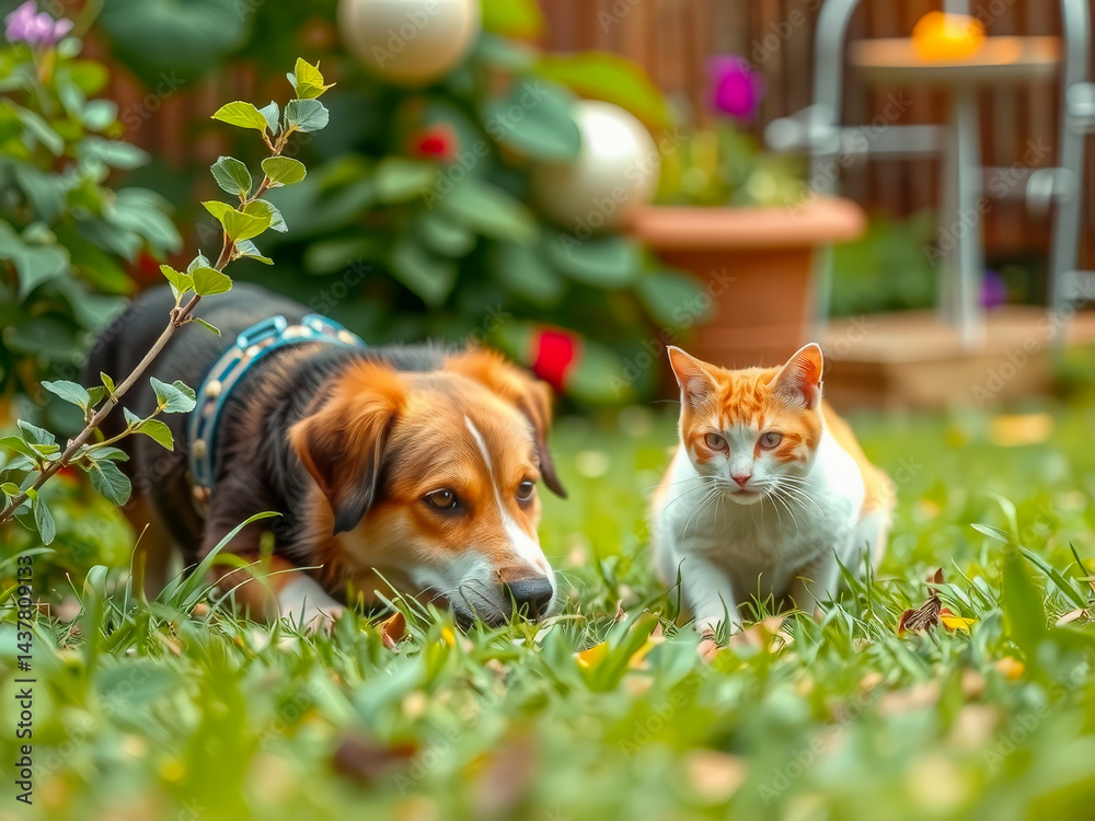 A dog and a cat are playing in a grassy yard. The dog is laying down while the cat is running around
