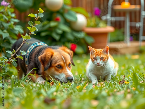 Obraz na płótnie A dog and a cat are playing in a grassy yard. The dog is laying down while the cat is running around w salonie