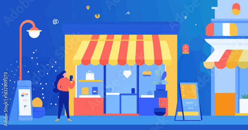 Flat Design Banner Vector for Mobile Store Concept with Street Scene, User Interaction, Shopfront, and Vibrant Night Color Scheme