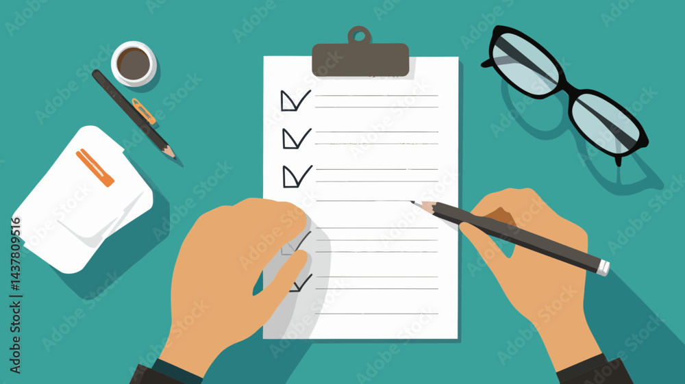 Top View Illustration of Completing a To-Do List with Coffee and Office Supplies for Productivity and Organization Concepts Top View Illustration of Completing a To-Do List with Coffee and Office Supplies for Productivity and Organization Concepts