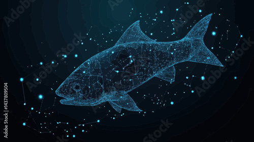 Starry Night Salmon: Abstract Fish in Universe with Constellations, Minimalist Wireframe Art Vector