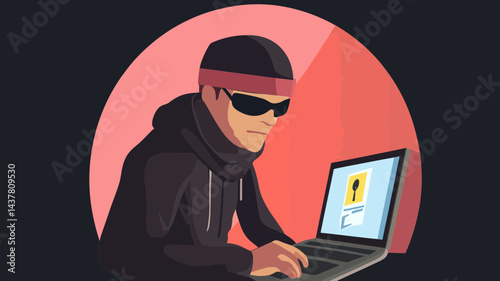 Cyber Criminal Hacking Computer with Sunglasses and Hood Illustration for Online Security Threats