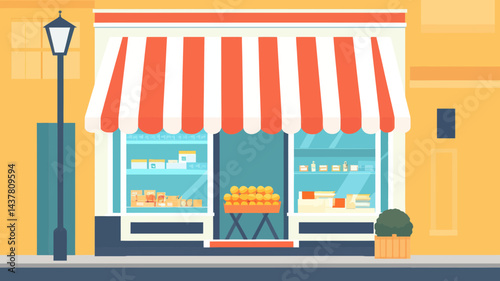 Charming Vector Market Illustration with Red and White Striped Awning and Fruit Display - Urban Street Shop with Colorful Graphics for Business and Shopping Concepts