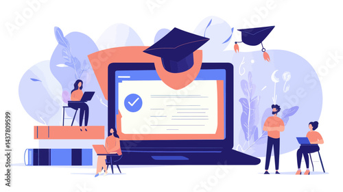Flat Design Banners for Distance Learning and E-Learning Concept with Laptop, Graduates, Books, and Digital Graduation Cap Vector Illustration