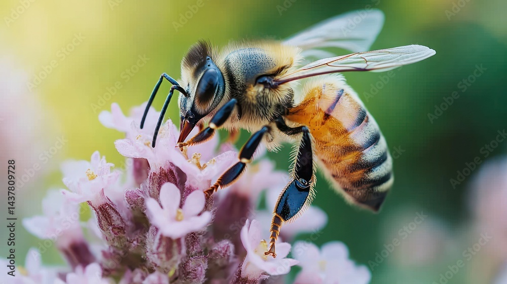 Fototapeta premium Bee pollinating flower, garden, sunlit background, nature