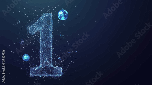 Starry Sky Number One Vector Wireframe Concept with Universe Elements, Planets, and Stars in Flat Minimalist Style