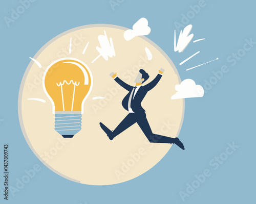 Innovative Business Transformation, Change Management, Adaptation to New Ideas, Growth Concept with Businessman Jumping to New Lightbulb, Minimalist Vector