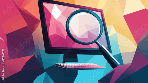 Magnifying Glass Over Computer Monitor Low Poly Style Flat Minimalist SVG Vector for Data Analysis and Visualization