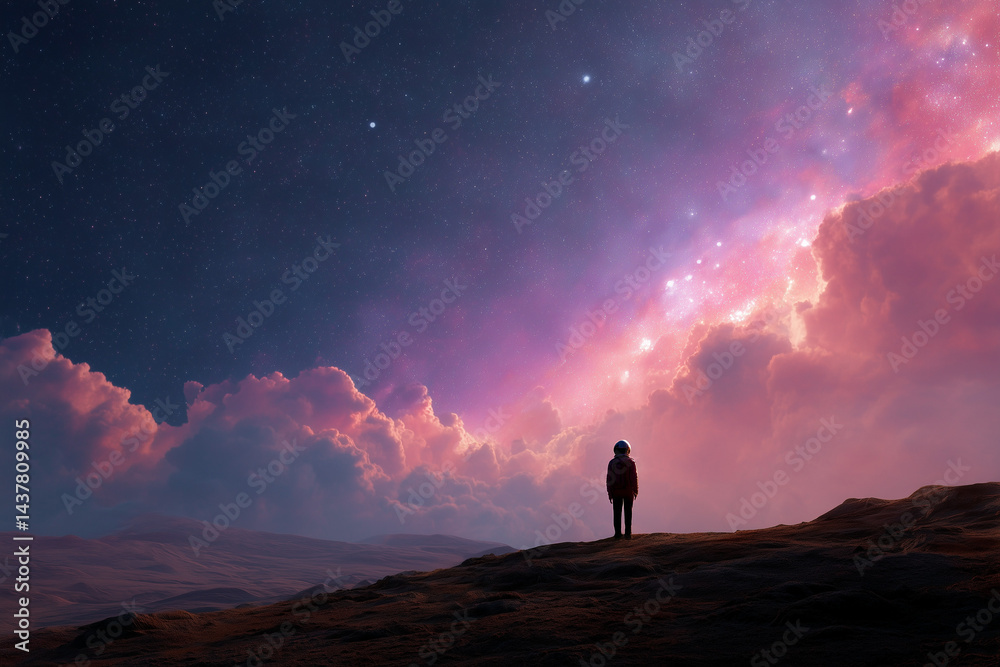 Fototapeta premium A space explorer standing on an alien planet beneath a colorful nebula-filled sky, vivid cosmic details, and a sci-fi atmosphere.