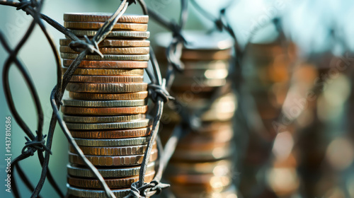 Stacks of coins trapped behind barbed wire fence in outdoor light, symbolizing financial restriction, economic sanctions, and constrained wealth or capital control.