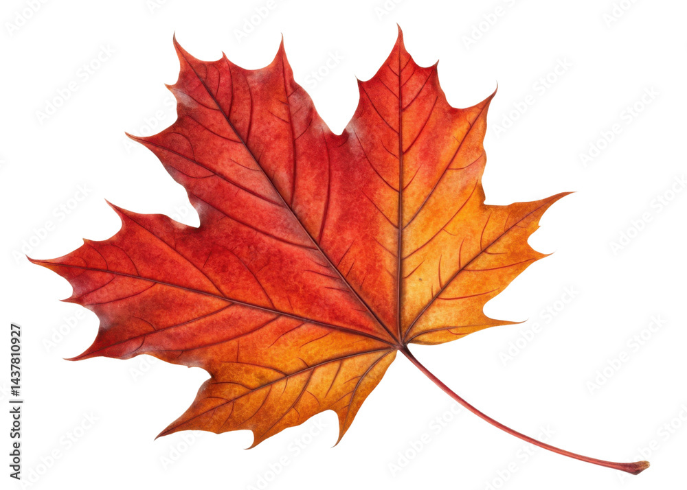 Vibrant maple leaf displays stunning gradient of red and orange hues with detailed veins creating beautiful autumn symbol Vibrant maple leaf displays stunning gradient of red and orange hues with detailed veins creating beautiful autumn symbol