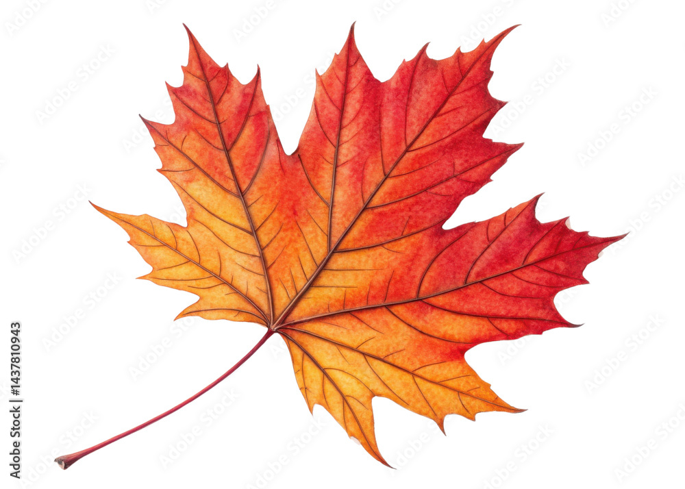 Vibrant maple leaf displays beautiful gradient of red and orange hues with detailed veins and natural autumn feel