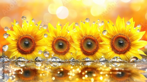 Obraz na płótnie Four sunflowers, vibrant yellow, with water droplets, on a reflective surface with warm golden bokeh background w salonie