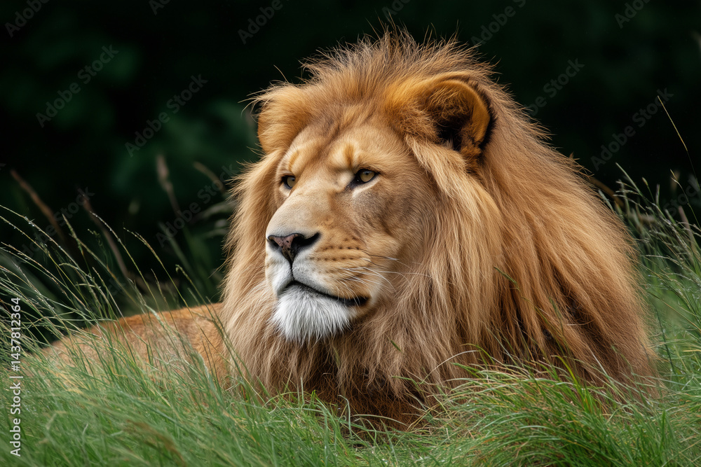 Obraz premium Lion resting peacefully on the grass, surrounded by nature