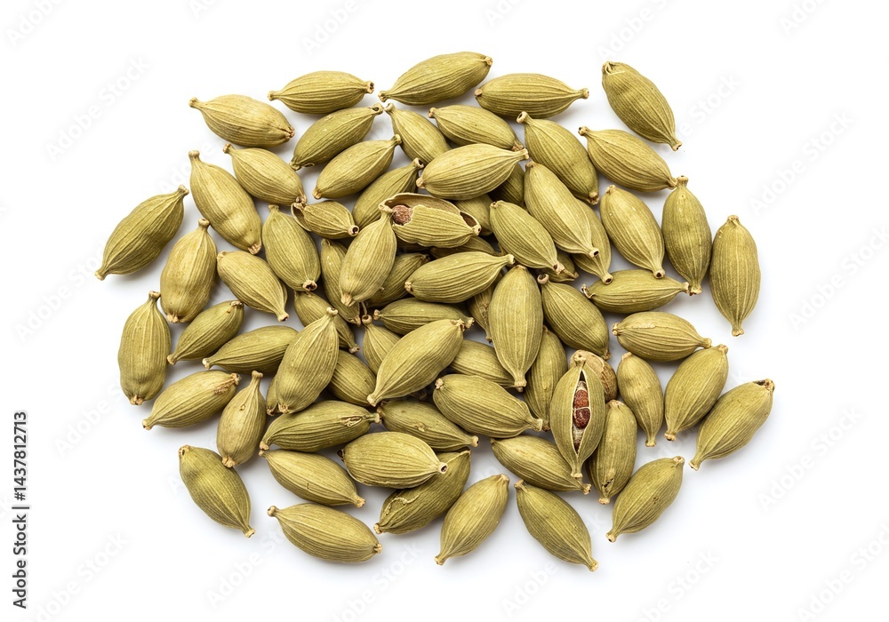 Pile of green cardamom pods isolated on white background Pile of green cardamom pods isolated on white background