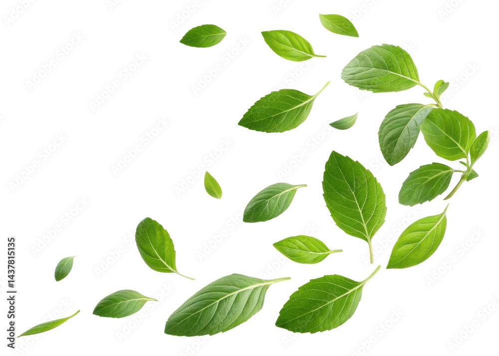 Fresh holy basil leaf collection with vibrant green color and natural texture floating on transparent background for healthy herbal use Fresh holy basil leaf collection with vibrant green color and natural texture floating on transparent background for healthy herbal use