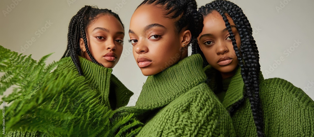 Three women in olive green knitwear