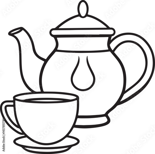 tea set line art, black outline, vector and illustration, coloring book page line art drawing