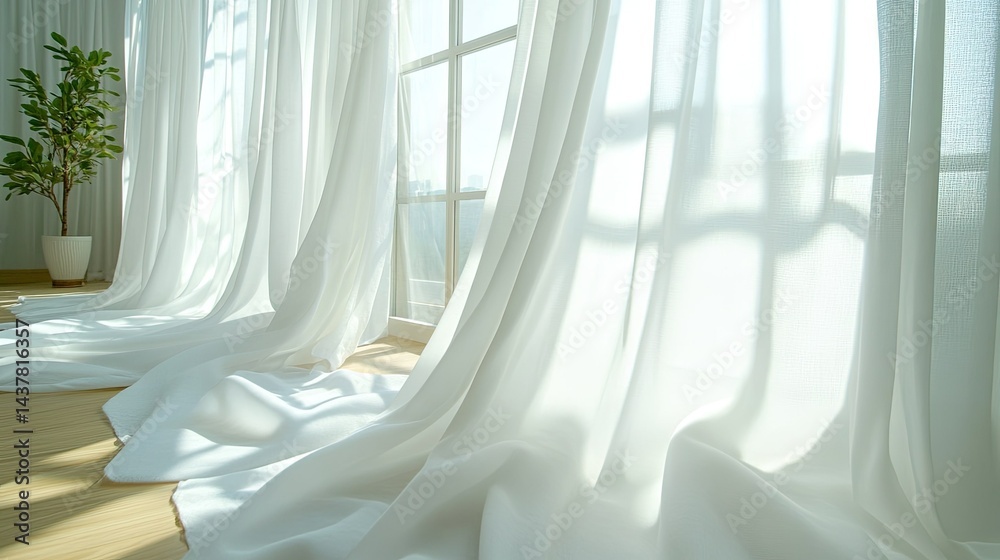White curtain gently swaying in front of a bright window, creating a soft and airy atmosphere. White curtain gently swaying in front of a bright window, creating a soft and airy atmosphere.