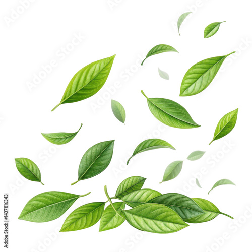 Fresh green matcha leaf collection with natural texture and vibrant color floating in air creating refreshing and lively atmosphere