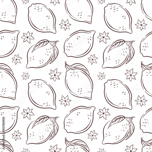 Seamless pattern with whole lemon, leaf and flower in line art style. Ideal for citrus fruit design, summer packaging, kitchen wallpaper and cafe menu.