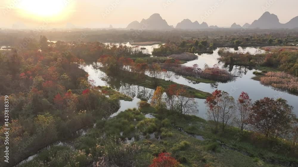 Misty aerial view of Huixian Wetland and Longshan in Guilin, China ...