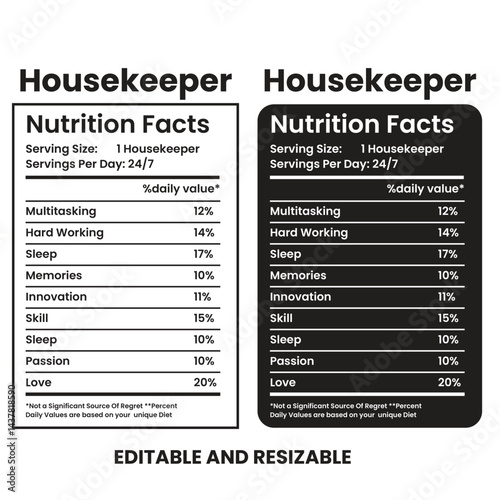 Housekeeper Nutrition Facts,nutrition facts, nutrition Label,twisted tea nutrition facts,nutrition calculator,Marriage gift nutrition facts,vector design