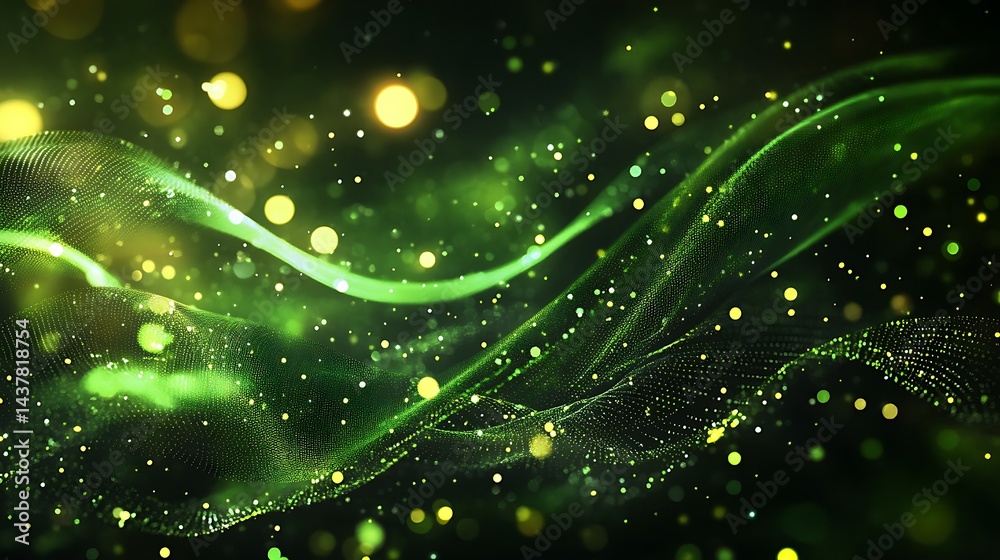 Swirling green digital wave with bokeh effect and sparkling particles Swirling green digital wave with bokeh effect and sparkling particles