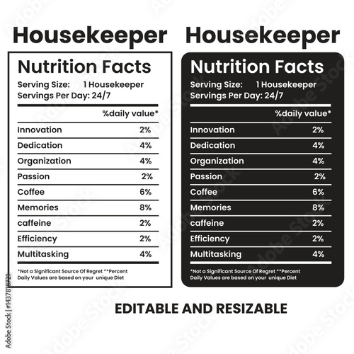 Housekeeper Nutrition Facts,nutrition facts, nutrition Label,twisted tea nutrition facts,nutrition calculator,Marriage gift nutrition facts,vector design