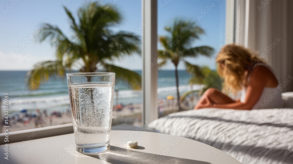 Fototapeta premium Woman suffers from diarrhea or food poisoning, takes medicine and drinks water in hotel bed, vacation stomach problems
