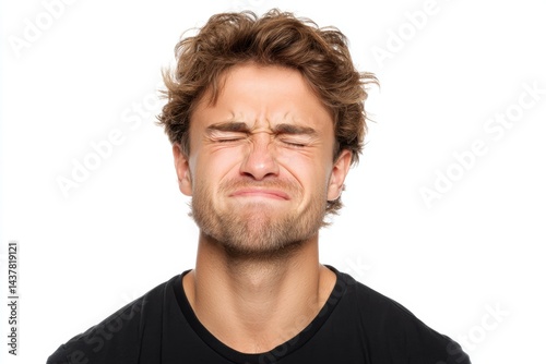 Man grimacing in pain with squinted eyes against a white background