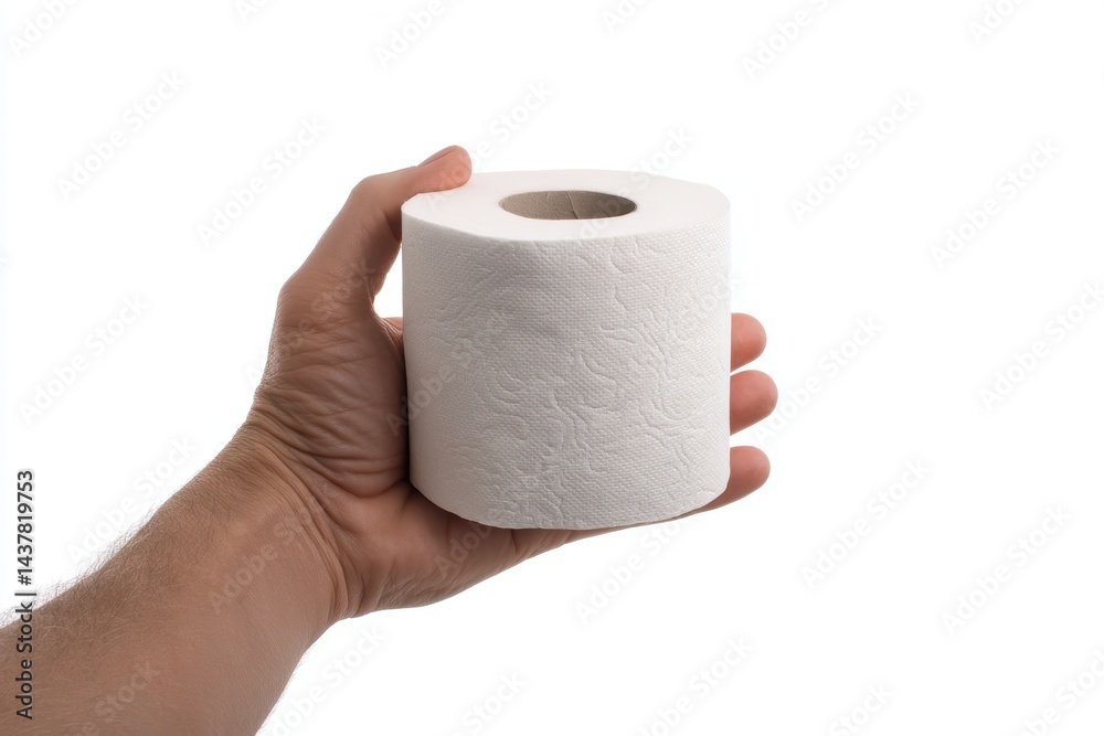 Fototapeta premium Holding a roll of white toilet paper in hand as a hygiene product concept isolated on a clean white background