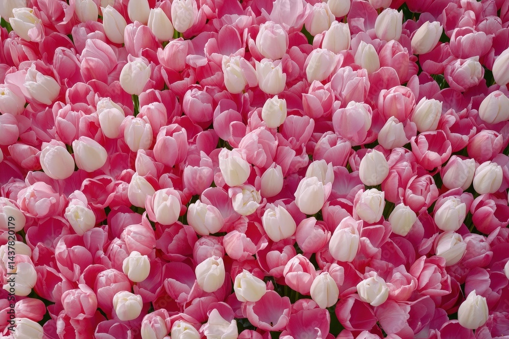 A close-up view of many pink and white tulips. A close-up view of many pink and white tulips.