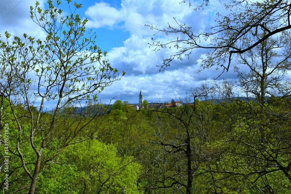 Church tower at Škocja village in Primorska, Slovenia