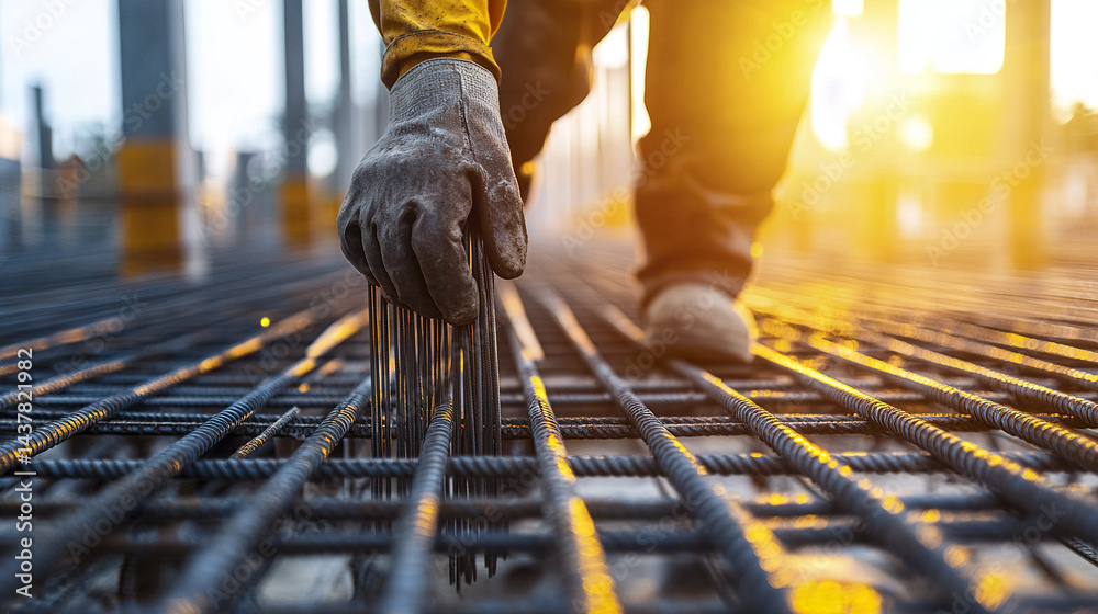 builder carefully handles steel rebar on construction site, showcasing dedication and precision builder carefully handles steel rebar on construction site, showcasing dedication and precision
