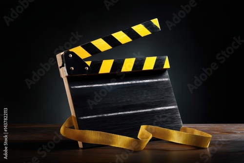 Film clapperboard resting on wooden surface with yellow and black stripes against dark background