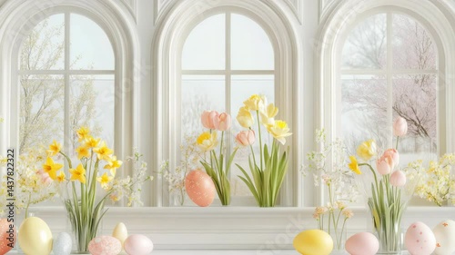 Colorful spring decorations with flowers and eggs set in a bright window display