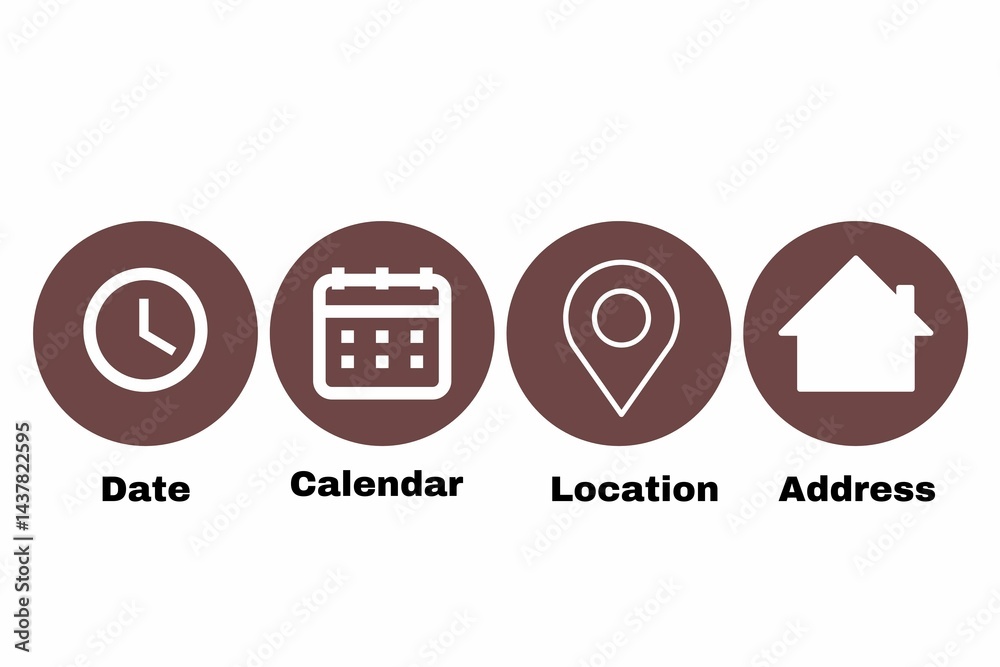 Clock, calendar, location. Time, date and address icon set.