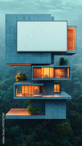 Futuristic architectural structure rising above lush green forest, lit from within