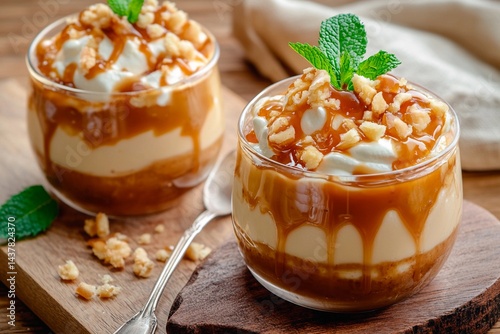 Two elegant dessert cups filled with layers of creamy filling, caramel drizzle, and crushed nuts sit on a rustic wooden board, ready to be enjoyed in a warm atmosphere