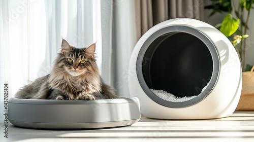 A cat lounging on a minimalistic self-cleaning litter box in a bright, modern interior with natural light